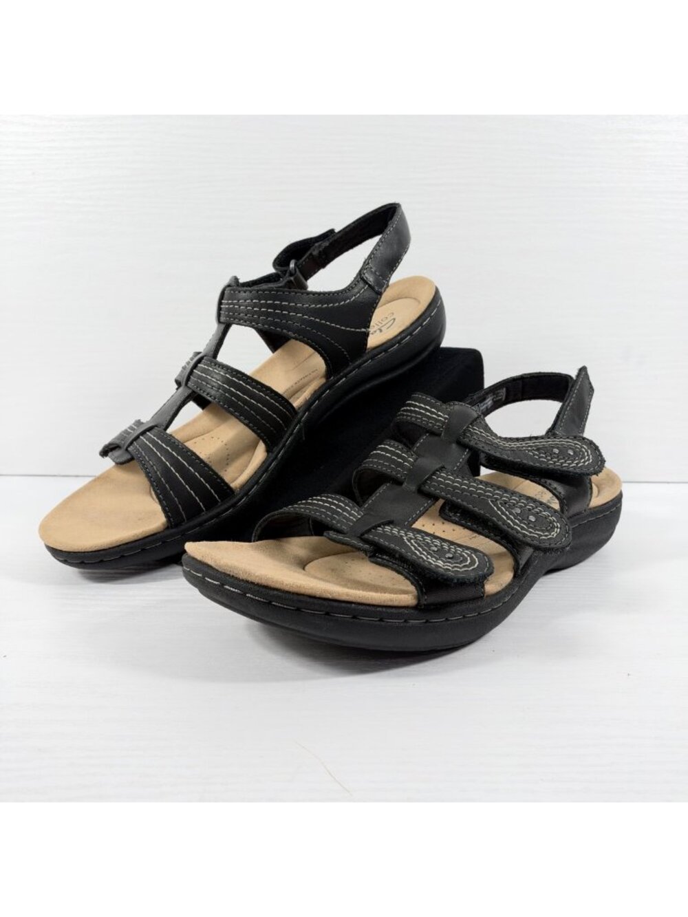 Clarks Laurieann Vine Strappy Black Leather Sport Flat Sandals Women's Size 9